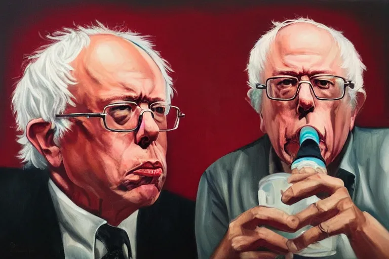 Image similar to Bernie Sanders as crunk rapper, drinking cough syrup, oil on canvas, artstation, portrait, masterpiece, aesthetic