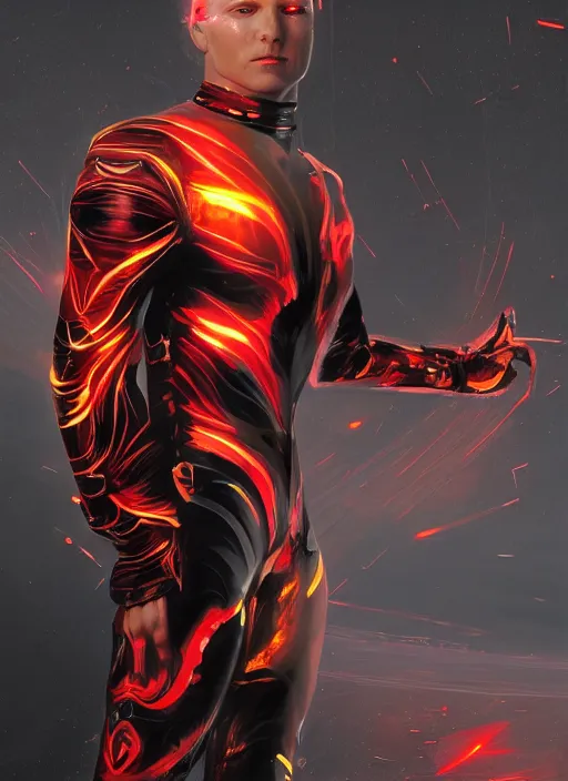 Prompt: a beautiful blond genetically engineered male soldier, cyborg obsidian bodysuit, super evil red and black glowing fiery fractals, fighting with angles, by Julian calle, wlop, Denis Villeneuve, greg rutkowski and thomas kinkade, Finnian MacManus, Syd Mead, Trending on artstation, white and yellow scheme, 8k, wide-angle lens, Unreal Engine