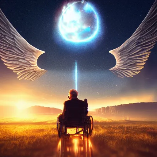 Image similar to stephen hawking sitting before the pearly gates, angels with trumpets in the sky, majestic, golden structures, warm sunset, octane render, fantastical, trending on artstation