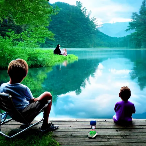 Prompt: a silver dragon and a boy sitting together next to a lake watching firefly, night, forest