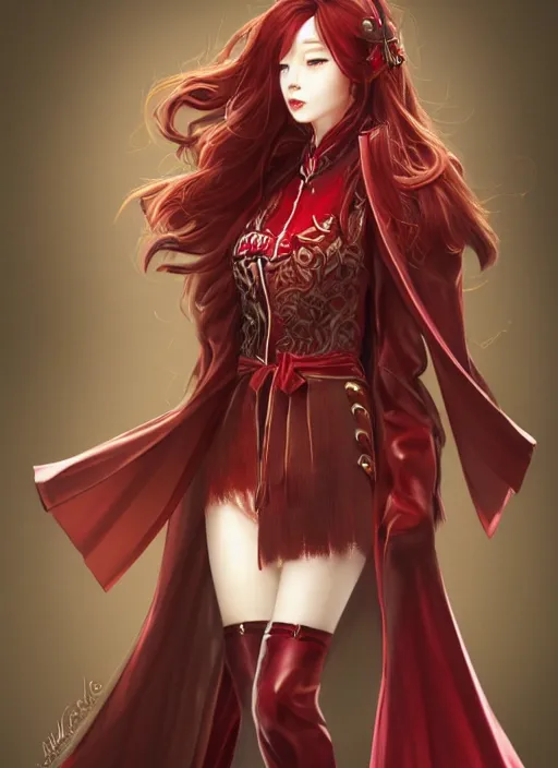 Image similar to a highly detailed illustration of beautiful long dark red haired japanese woman wearing wine red epaulette uniform and coat cape, dramatic floating strings pose, intricate, elegant, highly detailed, centered, digital painting, artstation, concept art, smooth, sharp focus, league of legends concept art, wlop