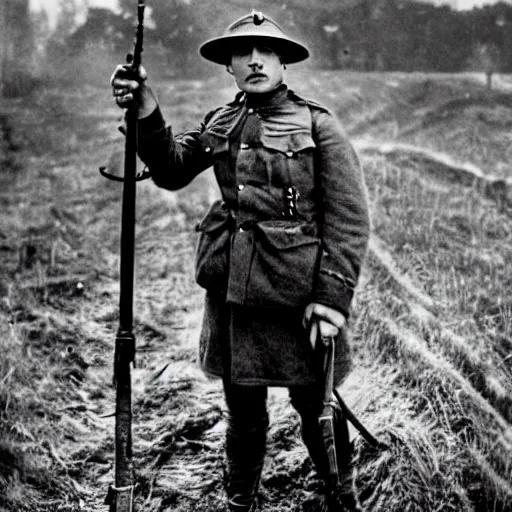 Image similar to Johnny depp as a soldier, ww1 trench, war photo, film grain