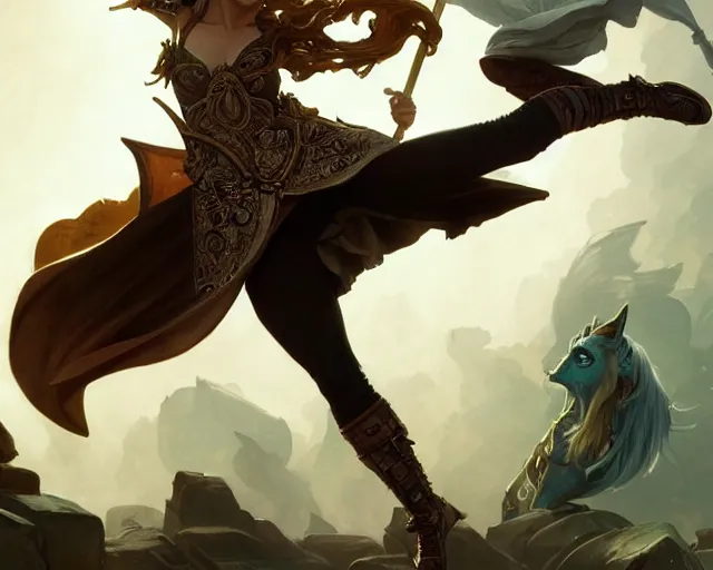 Image similar to spinning heel kick, deep focus, d & d, fantasy, intricate, elegant, highly detailed, digital painting, artstation, concept art, matte, sharp focus, illustration, hearthstone, art by artgerm and greg rutkowski and alphonse mucha