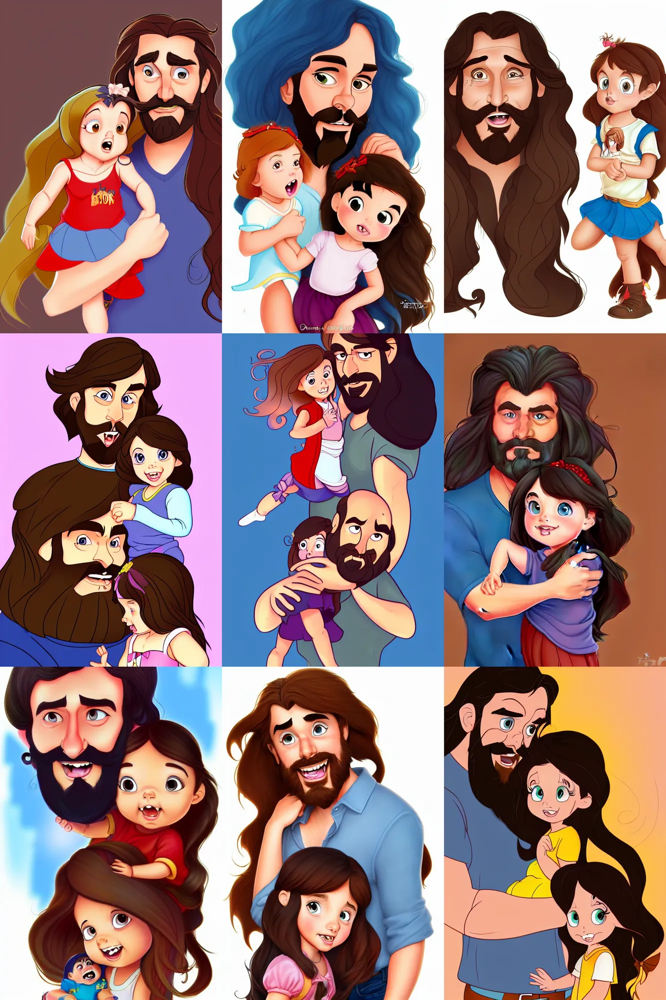 Image similar to a long - haired bearded father and his cartoonish brunette child toddler girl full color digital illustration in the style of don bluth, artgerm, artstation trending, 4 k