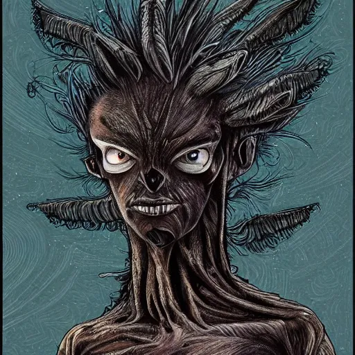 Prompt: detailed illustration of attractive humanoid alien species with beautiful human face, human torso, dark fae, black feathers instead of hair, feathers growing out of skin, wings growing out of arms, transformation, tim burton, guillermo del toro