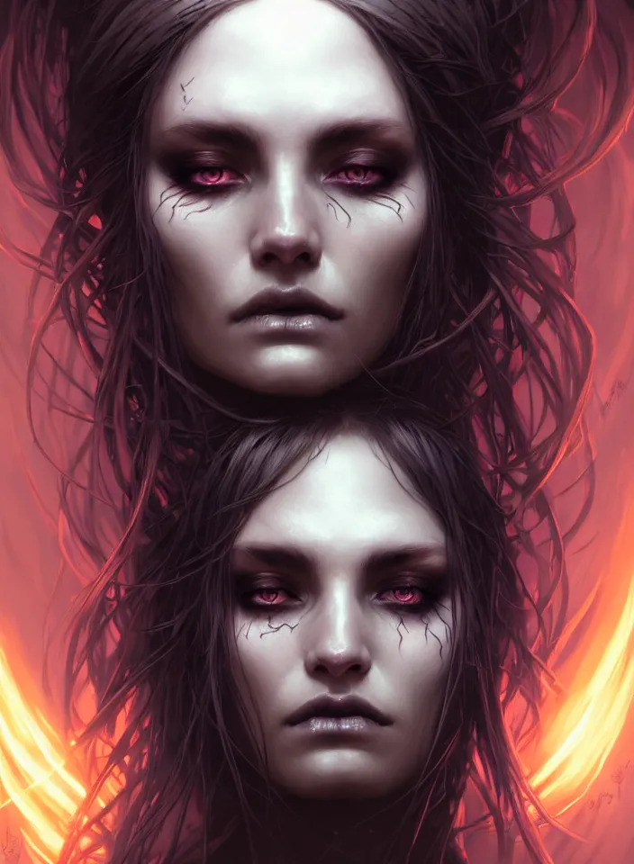 Image similar to Necromancer Sorceress face close-up macro in center, fantasy magic, undercut hairstyle, dark light night, intricate, elegant, sharp focus, illustration, highly detailed, digital painting, concept art, matte, art by WLOP and Artgerm and Greg Rutkowski and Alphonse Mucha, masterpiece