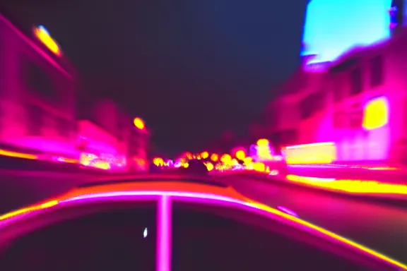 Prompt: dash cam footage at night of a car glowing neon pink