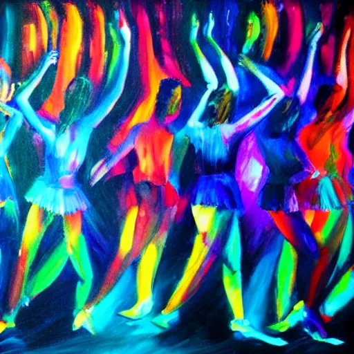 Image similar to dark dancing silhuettes in a dance club, colorful lights, dramatic lighting, a lot of energy, oil painting