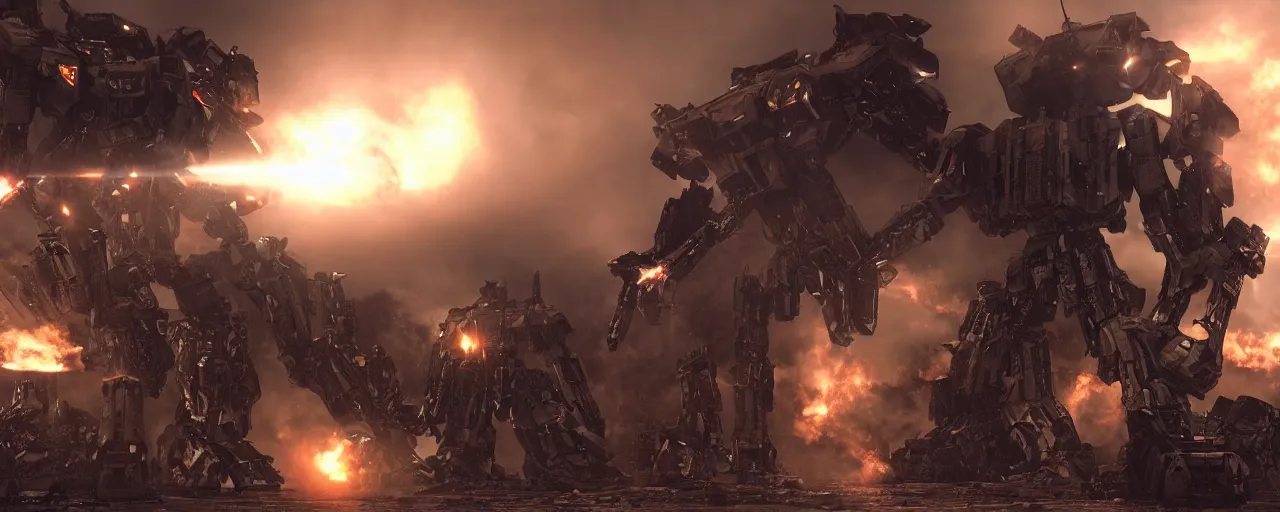 Prompt: armored core mechas battle for the ruins of san francisco, cinematic lighting, wide lens, particles, bokeh, octane render, volumetric light, smoke