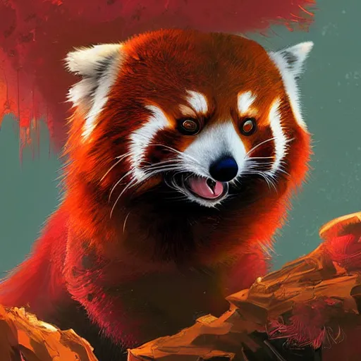 Image similar to red panda as defcon character, digital illustration portrait design, by android jones and greg rutkowski, retrowave color scheme, detailed, cinematic lighting, wide angle action dynamic portrait