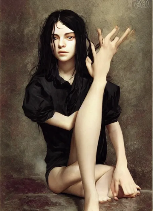 Image similar to a 1 6 year old girl eveline from resident evil 7 with straight long black hair wearing black dress that sitting on bathroom floor, photo for vogue, model エリサヘス s from acquamodels, art by artgem, greg rutkowski and alphonse mucha