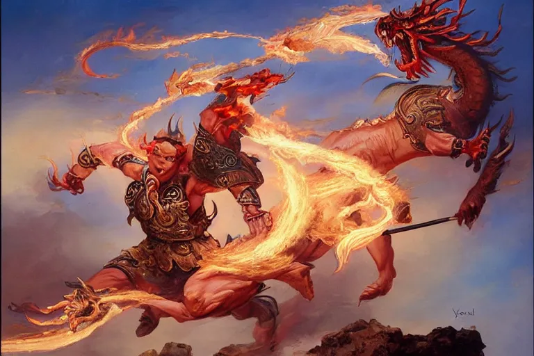 Prompt: A beautiful oil painting of Nezha with two fire wheels and a spear, fighting with a Chinese dragon king, by Boris Vallejo, epic fantasy character art, high fantasy, Exquisite detail, post-processing, low angle, masterpiece, cinematic