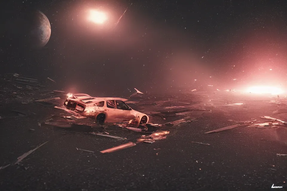 Prompt: touge wreckage orbiting earth in space, dark cinematic, volumetric, realistic, 3 d render, realistic render, cinematic lighting, volumetric lighting, atmospheric, cinematic, unreal engine 5, unreal engine render, octane render, hd, photorealism, hyper realistic, 8 k