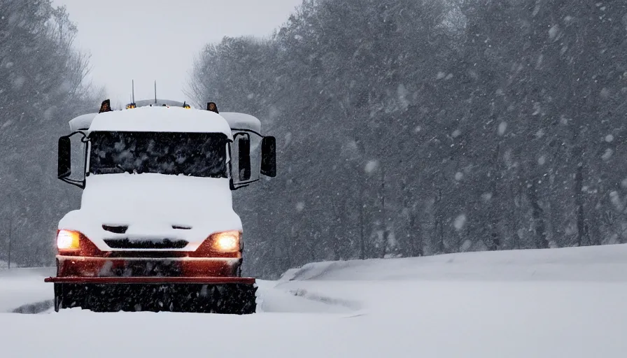 Prompt: snowplow covered by snow in beautiful winter landscape. fog, snowstorm, photorealistic rendering, octane, depth of field, blurry