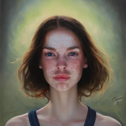 Image similar to Facial portrait of a pretty cottagecore girl, looking at the camera, slight awkward smile, lips slightly parted, very light freckles, no hands visible, extremely detailed painting by Greg Rutkowski and by Steve Henderson and by Harumi Hironaka