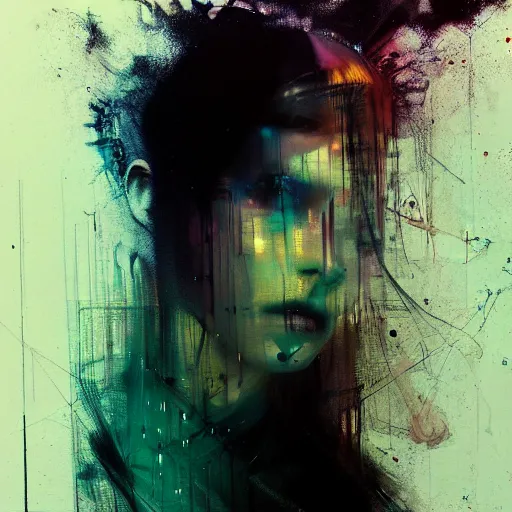 Prompt: glitchart of a young woman lucid dreaming in cyberspace photoreal, atmospheric by jeremy mann francis bacon and agnes cecile, ink drips paint smears digital glitches