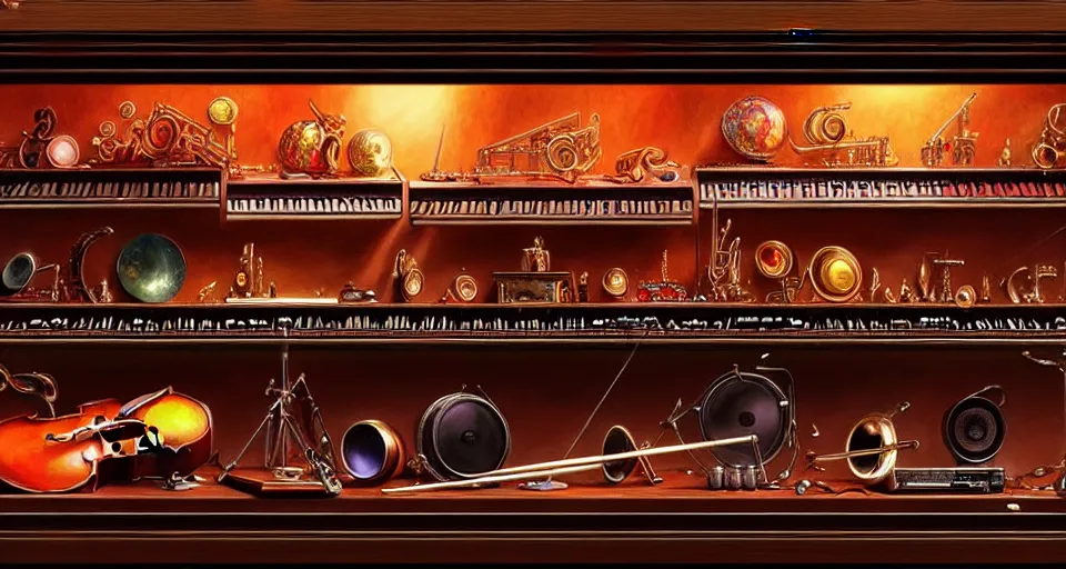 Image similar to a shelf of amazing magical musical instruments, cinematic lighting, detailed, beautiful colors, ornate, by greg rutowski and artgerm 4 k