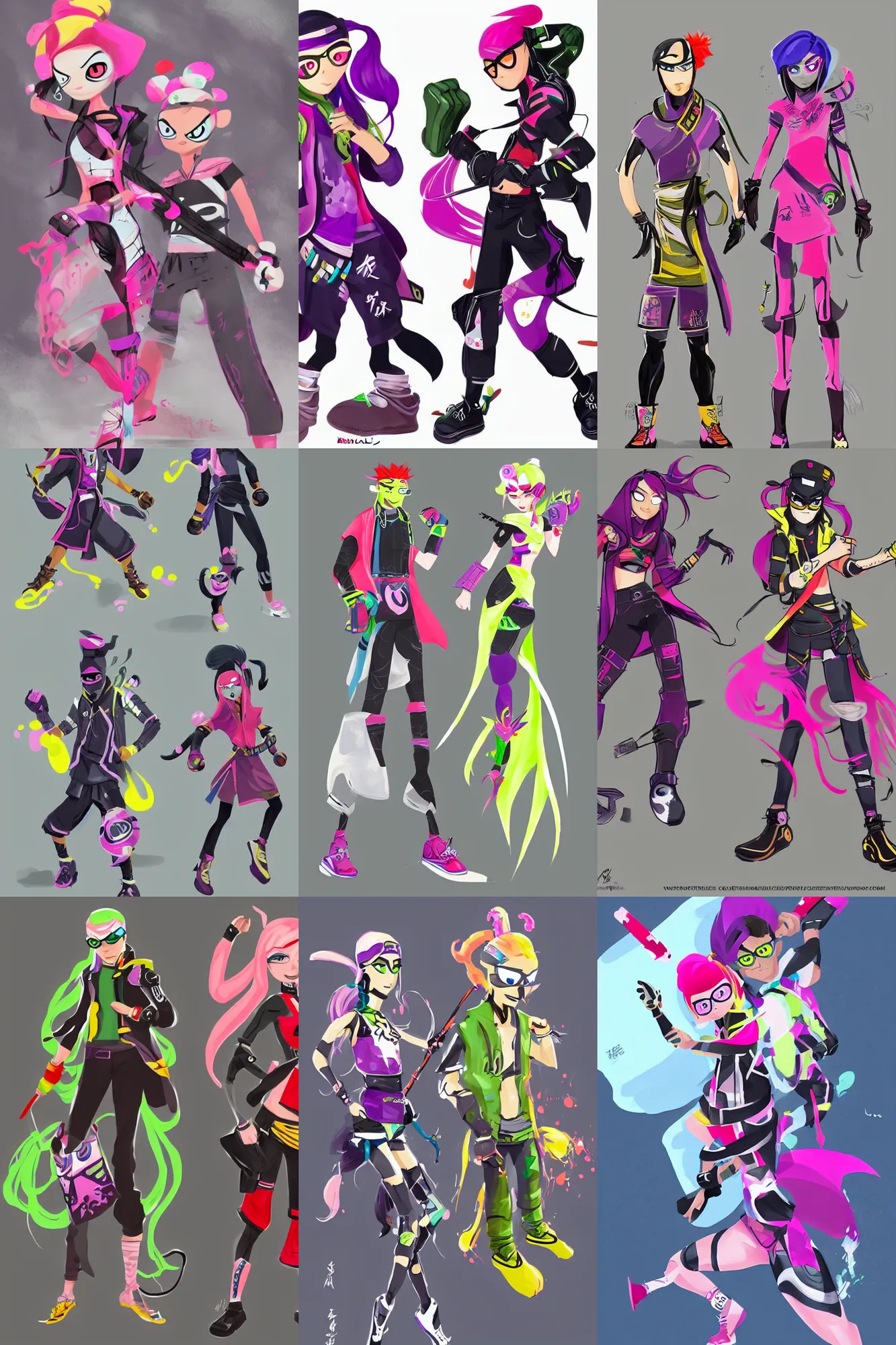 Prompt: concept art of fashionable male and female fighters, ninjala, splatoon, kakar cheung