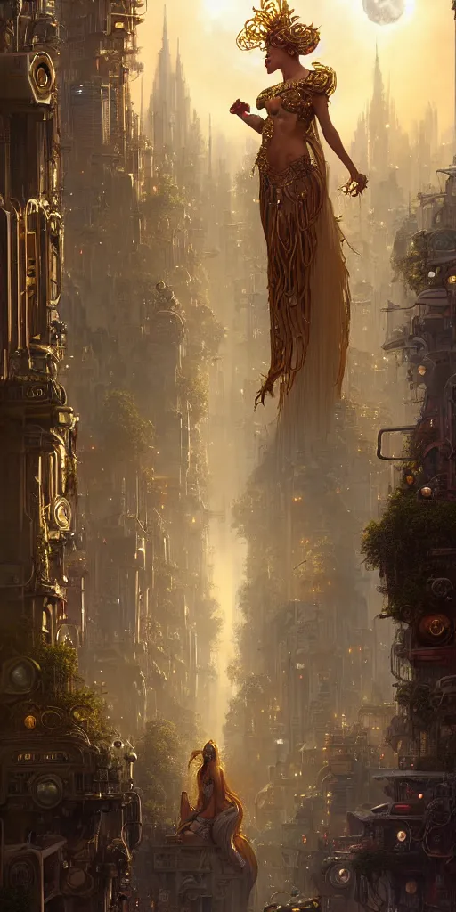 Image similar to golden ornate goddess looking at a hyper realistic cyberpunk city, busy crowded market street overtaken by lush plants, full moon, light rays, gnarly trees by tom bagshaw, mucha, gaston bussiere, craig mullins, j. c. leyendecker 8 k