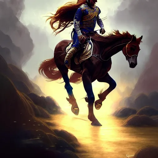 Image similar to Lionel Messi riding a majestic horse, D&D, fantasy, intricate, elegant, highly detailed, digital painting, artstation, concept art, matte, sharp focus, illustration, art by Artgerm and Greg Rutkowski and Alphonse Mucha