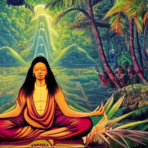 Prompt: human meditating supreme peace immense knowledge amazon jungle in background impending doom dmt art