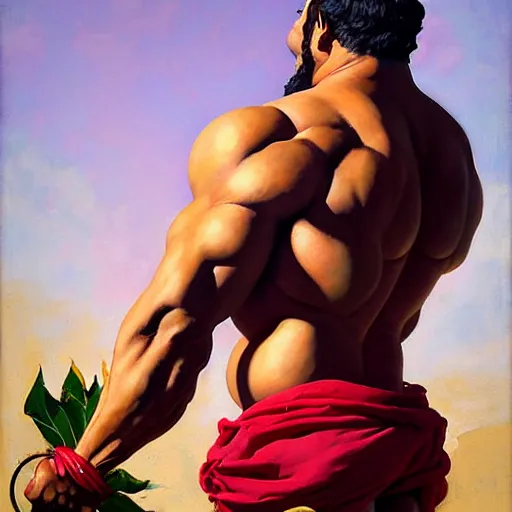 Image similar to greg manchess portrait of himera man and hibiscus as roided thick muscular weightlifter fantasy medium shot, asymmetrical, profile picture, organic painting, sunny day, matte painting, bold shapes, hard edges, street art, trending on artstation, by huang guangjian and gil elvgren and sachin teng