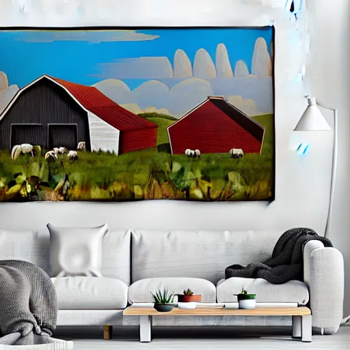 Prompt: interior view of modern futuristic farm barn architecture and interior design, lounge chairs with cows, sofas with pigs and chickens, wall art, detailed luminescent oil painting 4 k