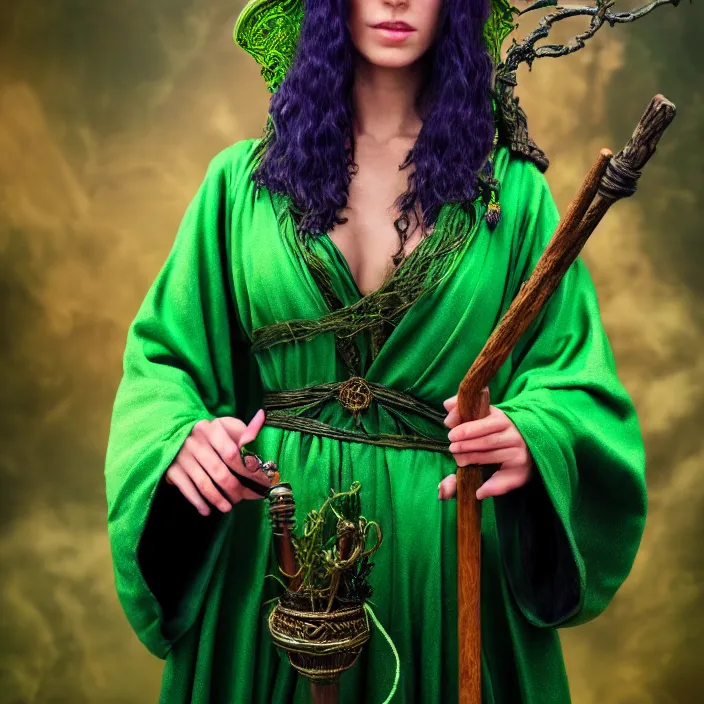 Image similar to photograph of a real-life beautiful earth witch with ornate green robes and staff. Extremely detailed. 8k