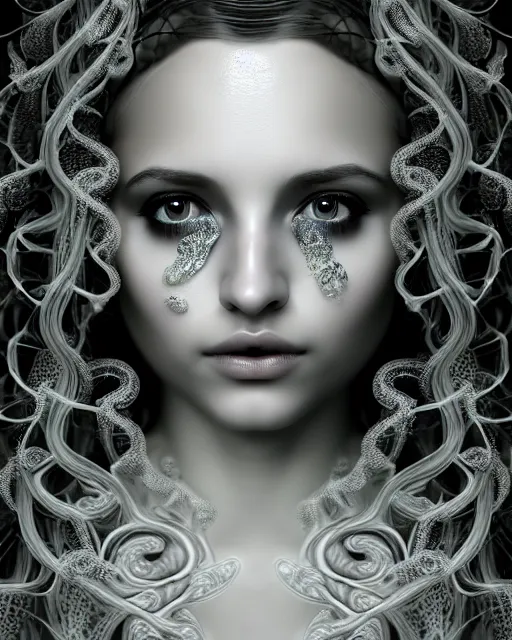 Image similar to surreal mythical dreamy underwater artistic black and white 3 d render of a translucent beautiful young female angelic - medusa - vegetal - doll with fish scales all over her face, highly detailed, intricate crystal ivy jelly ornate, poetic, translucent algae ornate, digital art, octane render, 8 k artistic photography, photo - realistic, hg giger flora borsi
