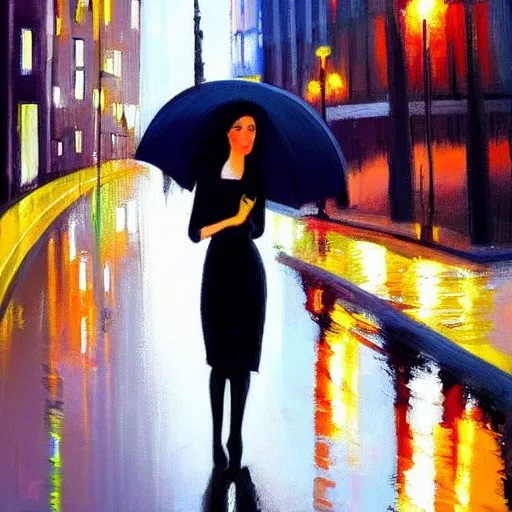 Image similar to evening modern high tech city scene with young woman with umbrella. beautiful use of light and shadow to create a sense of depth and movement. using energetic brushwork and a limited color palette, providing a distinctive look and expressive quality in a rhythmic composition