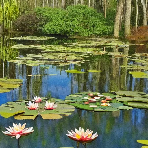 Image similar to a pond with water lillies in the forest, in the style of Gordon Onslow Ford,