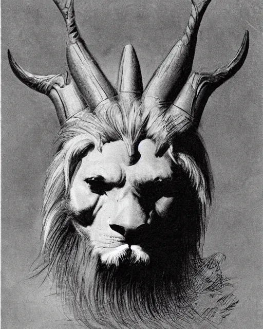 Prompt: a creature with the body and eyes of a man, beak of an eagle instead of a nose, the mane of a lion, two horns of an ox on the head. drawn by frank frazetta