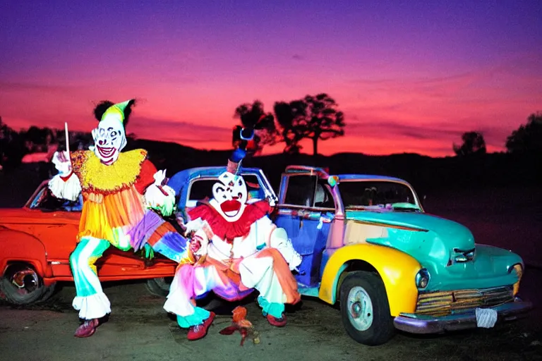 Image similar to 2 0 clowns leaving a clowncar at a california drive in, in 2 0 1 2, cutecore clowncore, bathed in the the glow of the sunset, low - light photograph, in style of monkeybone
