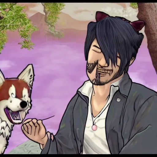 Prompt: Screenshot of the Markiplier character in the PlayStation 2 game Okami. HDR, 4k, 8k, Okami being petted by the YouTuber Markiplier, who is looking at the camera while petting Okami. Very accurate depiction of Markiplier in Okami. Okami looks exactly like the game.