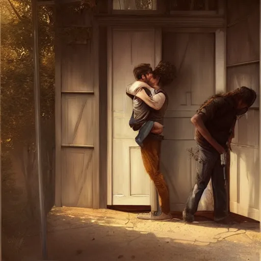 Image similar to a guy is leaving is home with luggage and sad angry mood, his wife is kissing another man under the porch of the house, highly detailed,, artstation hd, deviantart, by madgwick,, greg rutkowski, artgerm