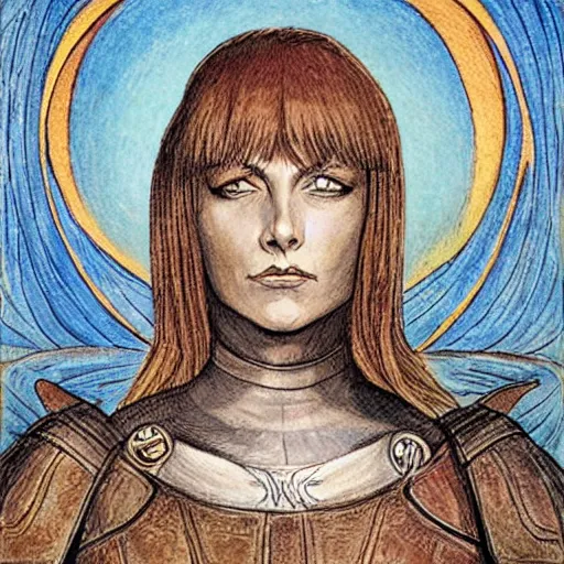 Image similar to jeanne d'arc in the style of william blake, terese nielsen, steve argyle