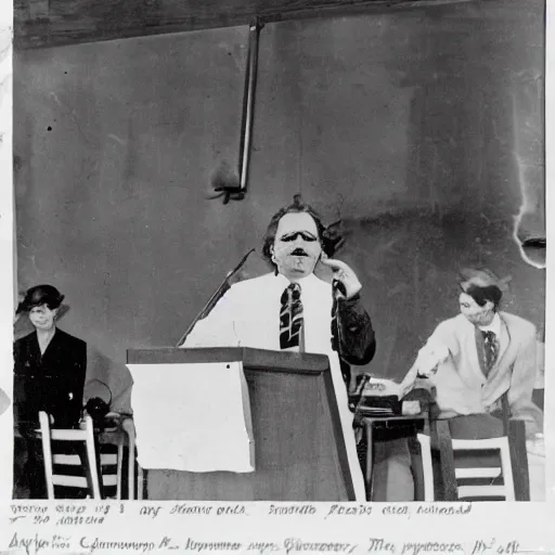 Image similar to Long shot of an angry austrian short man who failed art school with a toothbrush moustache giving a speech, black and white press photo