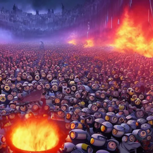 Prompt: POV of one hundred minions chasing you. The minions are carrying torches and pitchforks. The minions are angry. concept art, sharp lighting, 4k, detailed, Peter Jackson, Ridley Scott, bright colors