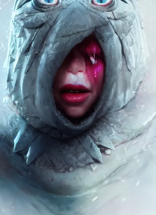 Image similar to portrait of sinister girl with pouty aerochrome lips, skeksis, unforgiving, bandaid on nose, expressive eyes, full body, translucent skin, greg rutkowski, charlie bowater, yuumei, stephen gammell, unreal 5, daz, hyperrealistic, octane render, rpg portrait, dynamic lighting, fantasy art, beautiful face