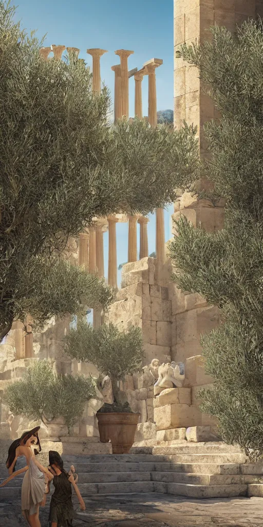 Image similar to ancient greek city, sunny day, olive trees, houses and temples, marble columns, by ilya kuvshinov, rtx rendering, octane render 1 2 8 k, maya, extreme high intricate details by tom bagshaw, medium shot, composition by sana takeda, lighting by greg rutkowski