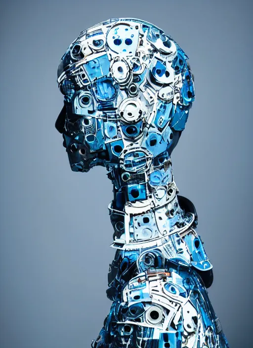 Image similar to a fashion portrait photograph of a robot head art directed by Alexander McQueen, blue color palette, 35mm, pentax, studio lighting