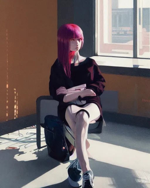 Image similar to A ultradetailed beautiful panting of a stylish woman sitting next to a window, she is wearing streetwear, bright sunny day, Oil painting, by Ilya Kuvshinov, Greg Rutkowski and Makoto Shinkai