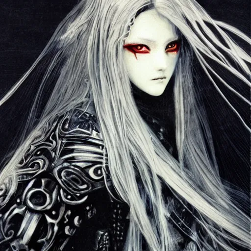 Prompt: Yoshitaka Amano realistic illustration of an anime girl with wavy long white hair fluttering in the wind and cracks on her face wearing Elden ring armour with the cape, abstract black and white patterns on the background, noisy film grain effect, highly detailed, Renaissance oil painting, weird portrait angle