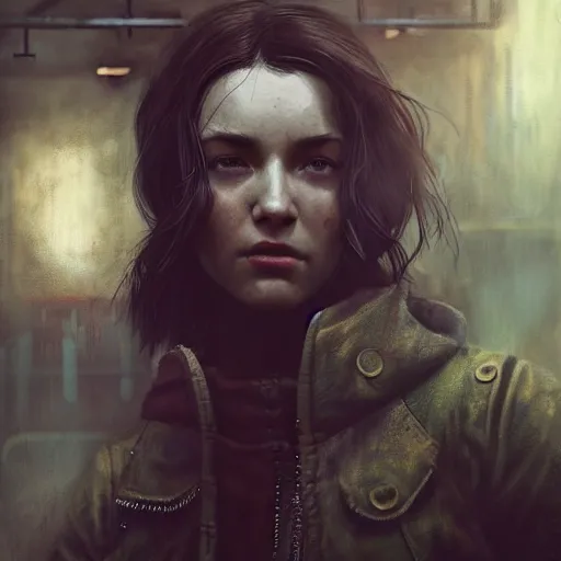 Image similar to fallout 5, charismatic beautiful rugged brunette female protagonist, portrait, indoors dilapidated store interior, atmospheric lighting, painted, intricate, volumetric lighting, beautiful, daytime, overcast weather, sharp focus, deep colours, ultra detailed, by leesha hannigan, ross tran, thierry doizon, kai carpenter, ignacio fernandez rios