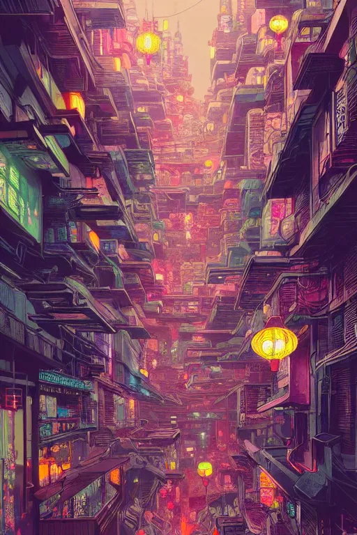 Prompt: a beautiful hyperdetailed matte illustration victo ngai cyberpunk style of absolutely beautiful cyberpunk town, from china, perfectly shaded, atmospheric lighting, style of studio ghibli, makoto shinkai, raphael lacoste, louis comfort tiffany, artgerm, james jean, ross tran, chinese style