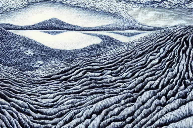 Image similar to insanely detailed landscape, blue ball - point pen art