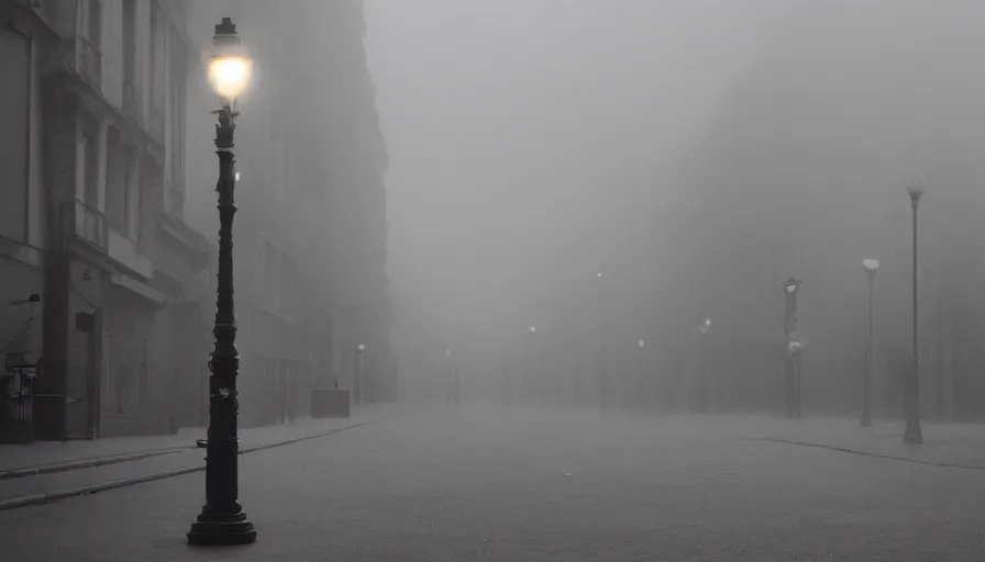 Image similar to wide film still, foggy parisian street at night, street lamps glowing, muted colors, criterion collection