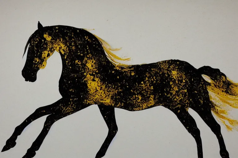 Image similar to beautiful serene horse, healing through motion, minimalistic golden ink aribrush painting on white background