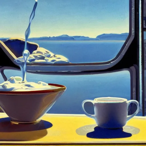 Prompt: cup of yogurt on table foreground, intricate detail, 8k optane render, background has a blue sky, optimistic colors, background by Robert McCall, solarpunk