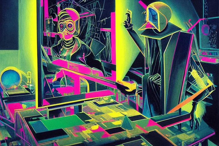 Prompt: a highly detailed beautiful masterpiece painting of a technomancer wizard in dazzle camouflage robes with pointed hood tampering with the world engine in his laboratory near a computer by Remedios Varo and Anato Finnstark and Greg Rutkowski and Andy Warhol, dayglo pink, dayglo blue, prismatic, pearlescent white, raven black, hyperrealism, 8k, trending on ArtStation, rendered in Octane, rendered in Unreal engine, award winning, volumetric lighting